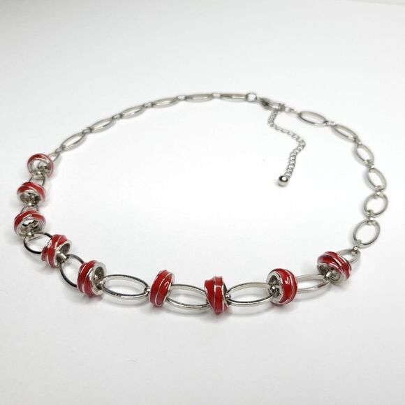 Vtg Silvertone Red Link Necklace Oval Link w/ Double Circle Floating Hoops - Picture 2 of 3